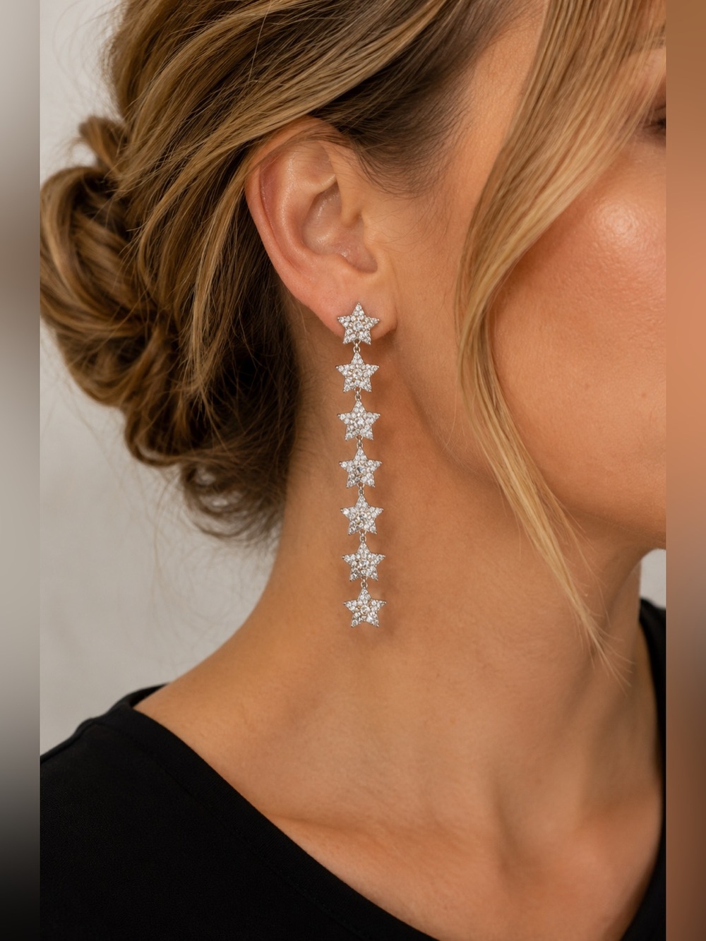 Walker Rose Silver Rhinestone Star Linear Drop Earrings